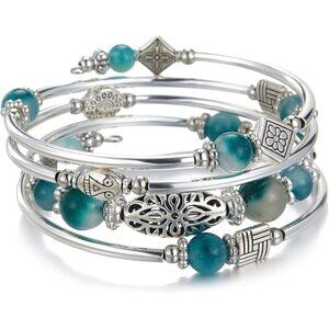 03-Jade Green Layered Wrap Bangle Bead Bracelet w/ Agate Stone